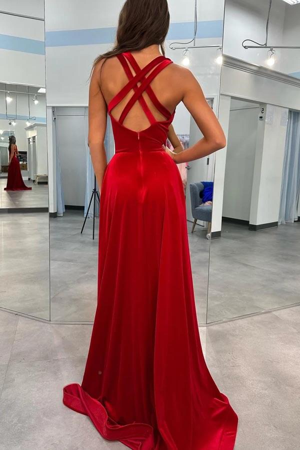 Vestido de fiesta de terciopelo con escote en V y tirantes finos con abertura